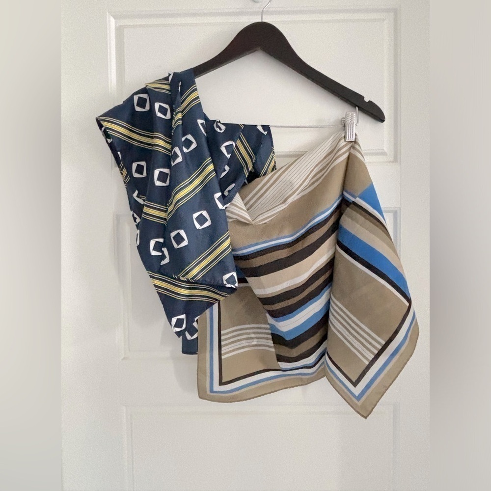 Vintage Scarf Bundle Tie Neck Bag Charm Decore Taupe Blue White Navy Gold Stripe